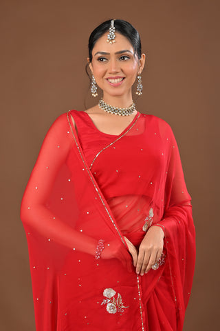 Red Chiffon Saree with Aari Kasab Cutting Jali boota with Zardozi and sequins