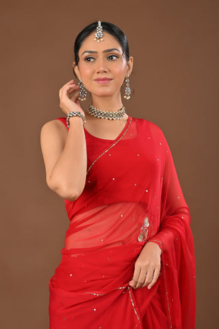 Red Chiffon Saree with Aari Kasab Cutting Jali boota with Zardozi and sequins