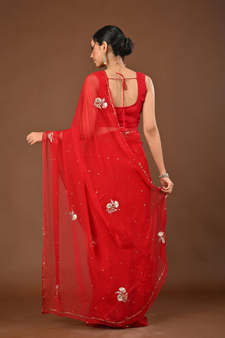 Red Chiffon Saree with Aari Kasab Cutting Jali boota with Zardozi and sequins