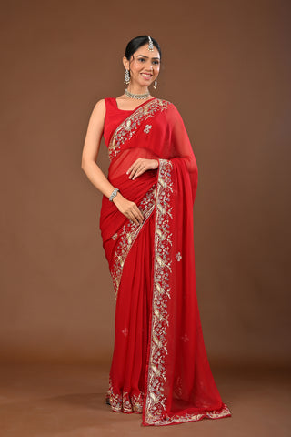 Mehroon Chiffon Saree with Aari Kasab Border with Mutli Resham