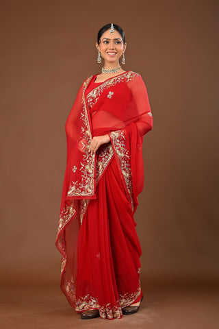 Mehroon Chiffon Saree with Aari Kasab Border with Mutli Resham