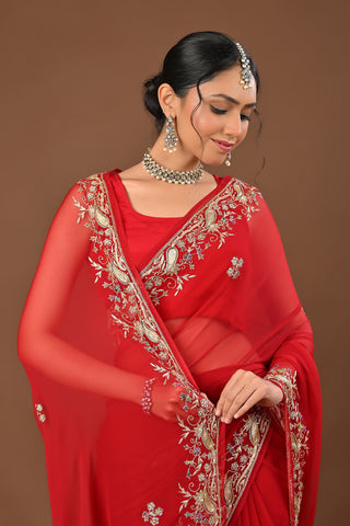 Mehroon Chiffon Saree with Aari Kasab Border with Mutli Resham