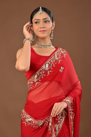 Mehroon Chiffon Saree with Aari Kasab Border with Mutli Resham