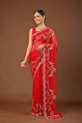 Red Chiffon Saree with Aari Pittan work with cutdana