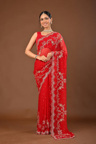 Red Chiffon Saree with Aari Pittan work with cutdana