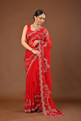 Red Chiffon Saree with Aari Pittan work with cutdana