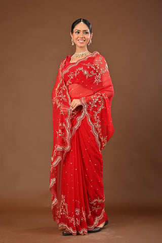 Red Chiffon Saree with Aari Pittan work with cutdana