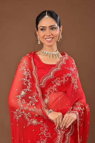 Red Chiffon Saree with Aari Pittan work with cutdana