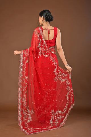 Red Chiffon Saree with Aari Pittan work with cutdana