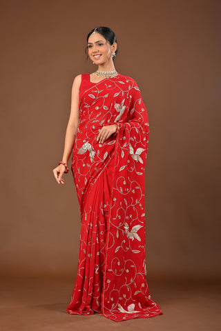 Red Platinum Chiffon Saree with Ulti Katori Jaal with aari kasab and zardozi bird motif
