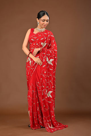 Red Platinum Chiffon Saree with Ulti Katori Jaal with aari kasab and zardozi bird motif