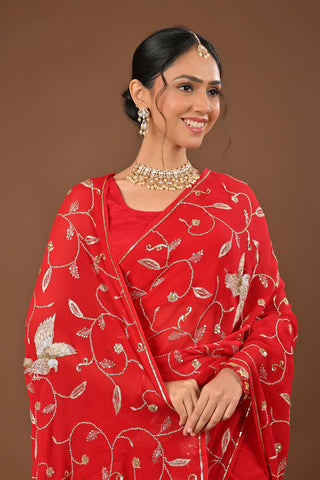 Red Platinum Chiffon Saree with Ulti Katori Jaal with aari kasab and zardozi bird motif