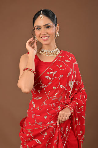 Red Platinum Chiffon Saree with Ulti Katori Jaal with aari kasab and zardozi bird motif