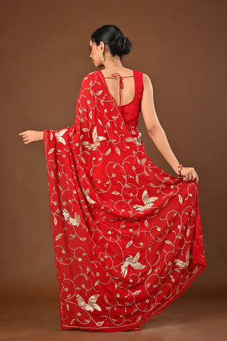 Red Platinum Chiffon Saree with Ulti Katori Jaal with aari kasab and zardozi bird motif
