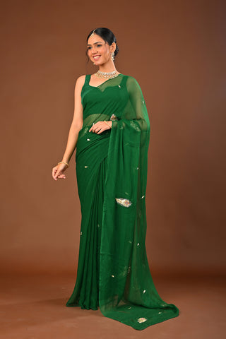 Bottle Green Chiffon Saree with Aari Kasab work with peopock feather motif