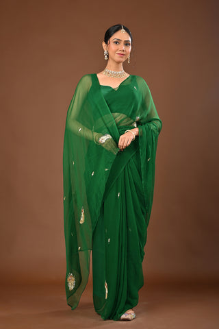 Bottle Green Chiffon Saree with Aari Kasab work with peopock feather motif