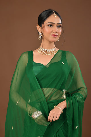 Bottle Green Chiffon Saree with Aari Kasab work with peopock feather motif
