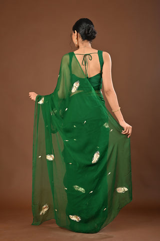 Bottle Green Chiffon Saree with Aari Kasab work with peopock feather motif