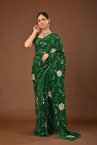Bottle Green Platinum Chiffon Saree with Sequins Jaal with Aari Kasab Boota