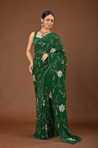 Bottle Green Platinum Chiffon Saree with Sequins Jaal with Aari Kasab Boota