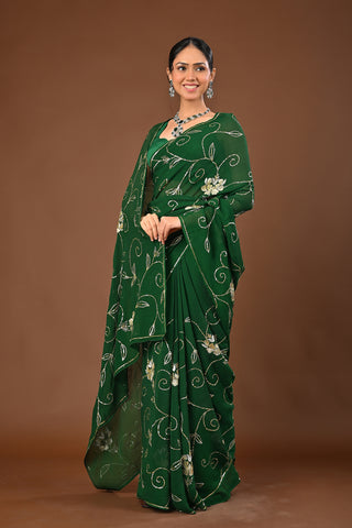 Bottle Green Platinum Chiffon Saree with Sequins Jaal with Aari Kasab Boota