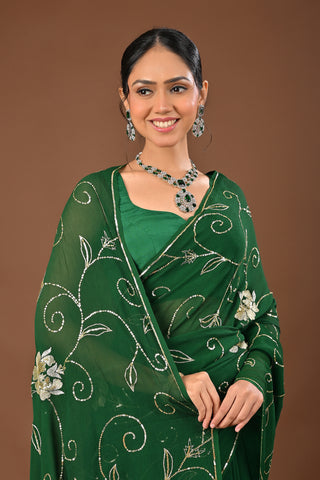Bottle Green Platinum Chiffon Saree with Sequins Jaal with Aari Kasab Boota