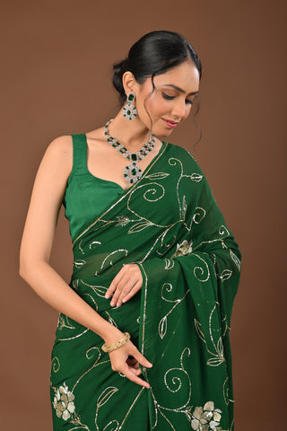 Bottle Green Platinum Chiffon Saree with Sequins Jaal with Aari Kasab Boota