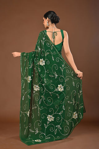 Bottle Green Platinum Chiffon Saree with Sequins Jaal with Aari Kasab Boota