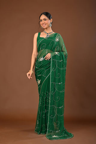Bottle Green Chiffon Saree with Silver and Gold Cutdana Jaal