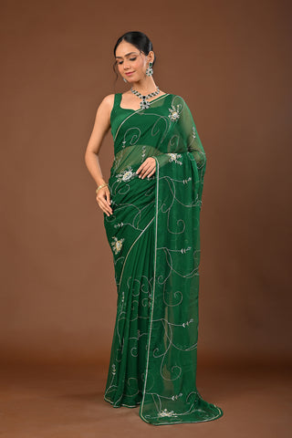 Bottle Green Chiffon Saree with Silver and Gold Cutdana Jaal