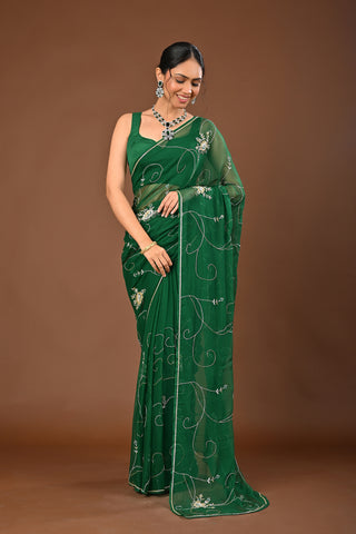Bottle Green Chiffon Saree with Silver and Gold Cutdana Jaal