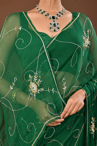 Bottle Green Chiffon Saree with Silver and Gold Cutdana Jaal