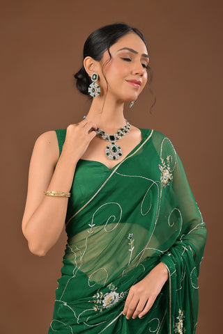 Bottle Green Chiffon Saree with Silver and Gold Cutdana Jaal