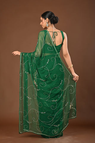 Bottle Green Chiffon Saree with Silver and Gold Cutdana Jaal