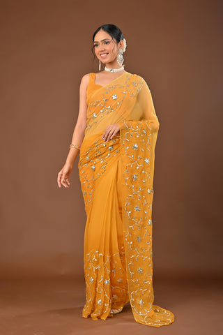 Mustard Chiffon Saree with Charkhi Gota Jal with Bijia
