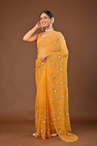 Mustard Chiffon Saree with Charkhi Gota Jal with Bijia