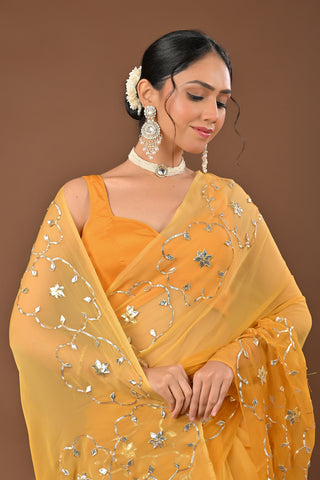 Mustard Chiffon Saree with Charkhi Gota Jal with Bijia