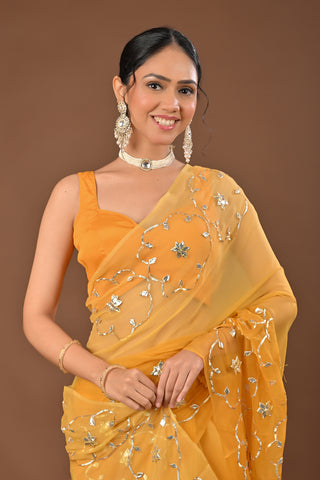 Mustard Chiffon Saree with Charkhi Gota Jal with Bijia