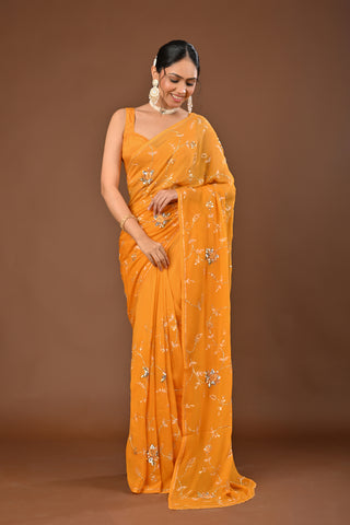 Yellow Platinum Chiffon Saree with Aari Kasab Jaal with sequins
