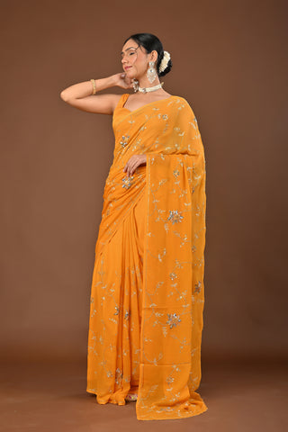 Yellow Platinum Chiffon Saree with Aari Kasab Jaal with sequins