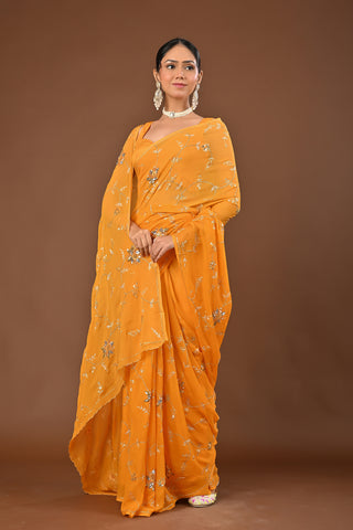 Yellow Platinum Chiffon Saree with Aari Kasab Jaal with sequins