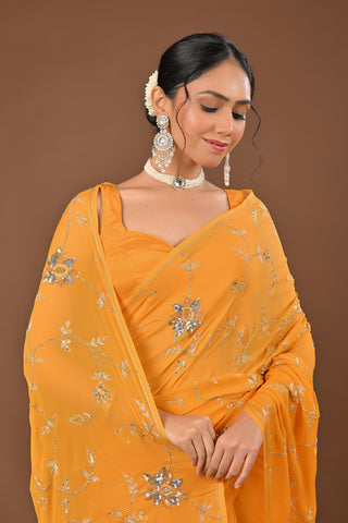 Yellow Platinum Chiffon Saree with Aari Kasab Jaal with sequins