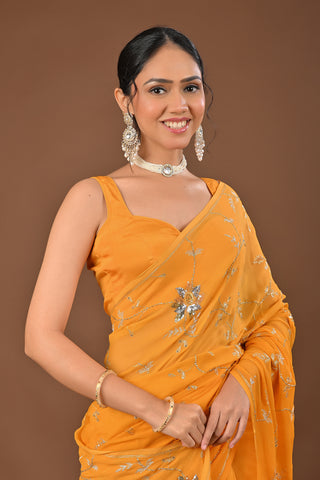 Yellow Platinum Chiffon Saree with Aari Kasab Jaal with sequins