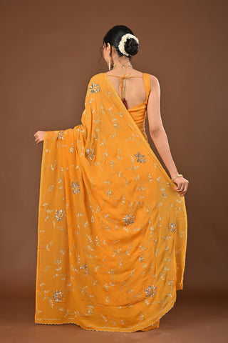 Yellow Platinum Chiffon Saree with Aari Kasab Jaal with sequins
