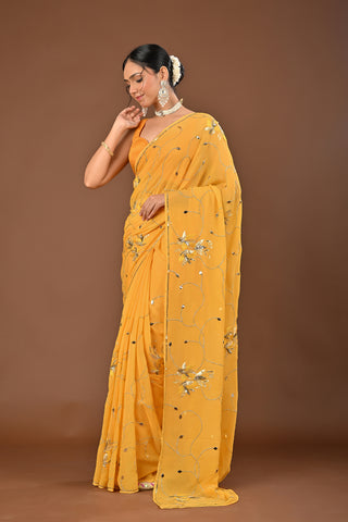Yellow Platinum Chiffon Saree with Ulti Katori Jaal with Mukesh leafs