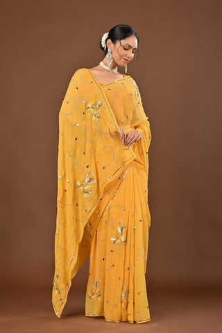 Yellow Platinum Chiffon Saree with Ulti Katori Jaal with Mukesh leafs