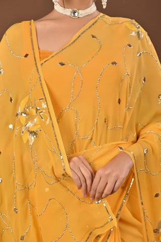 Yellow Platinum Chiffon Saree with Ulti Katori Jaal with Mukesh leafs