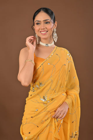Yellow Platinum Chiffon Saree with Ulti Katori Jaal with Mukesh leafs