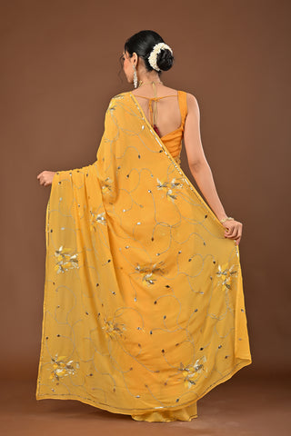 Yellow Platinum Chiffon Saree with Ulti Katori Jaal with Mukesh leafs