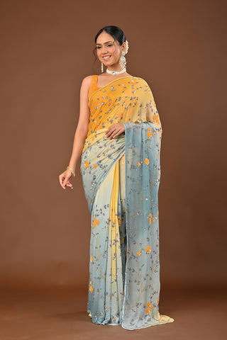 Shaded Lemon and Grey Platinum Chiffon Saree with Self Colored Sequins Jaal with colored cutdana